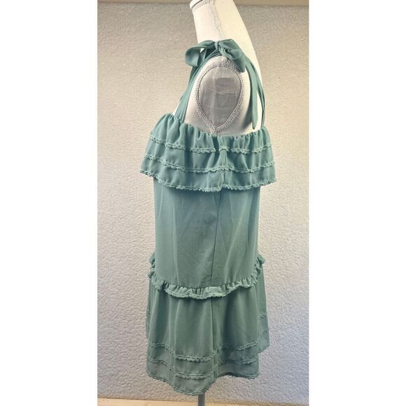 Tobi Womens Ruffle Dress Blue/Green Tie Shoulder Strap Mini Tiered‎ Size Medium - Picture 2 of 8